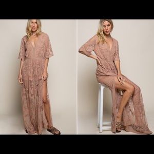 SkairaShop Tan Lace Maxi V Neck Boho Dress Romper